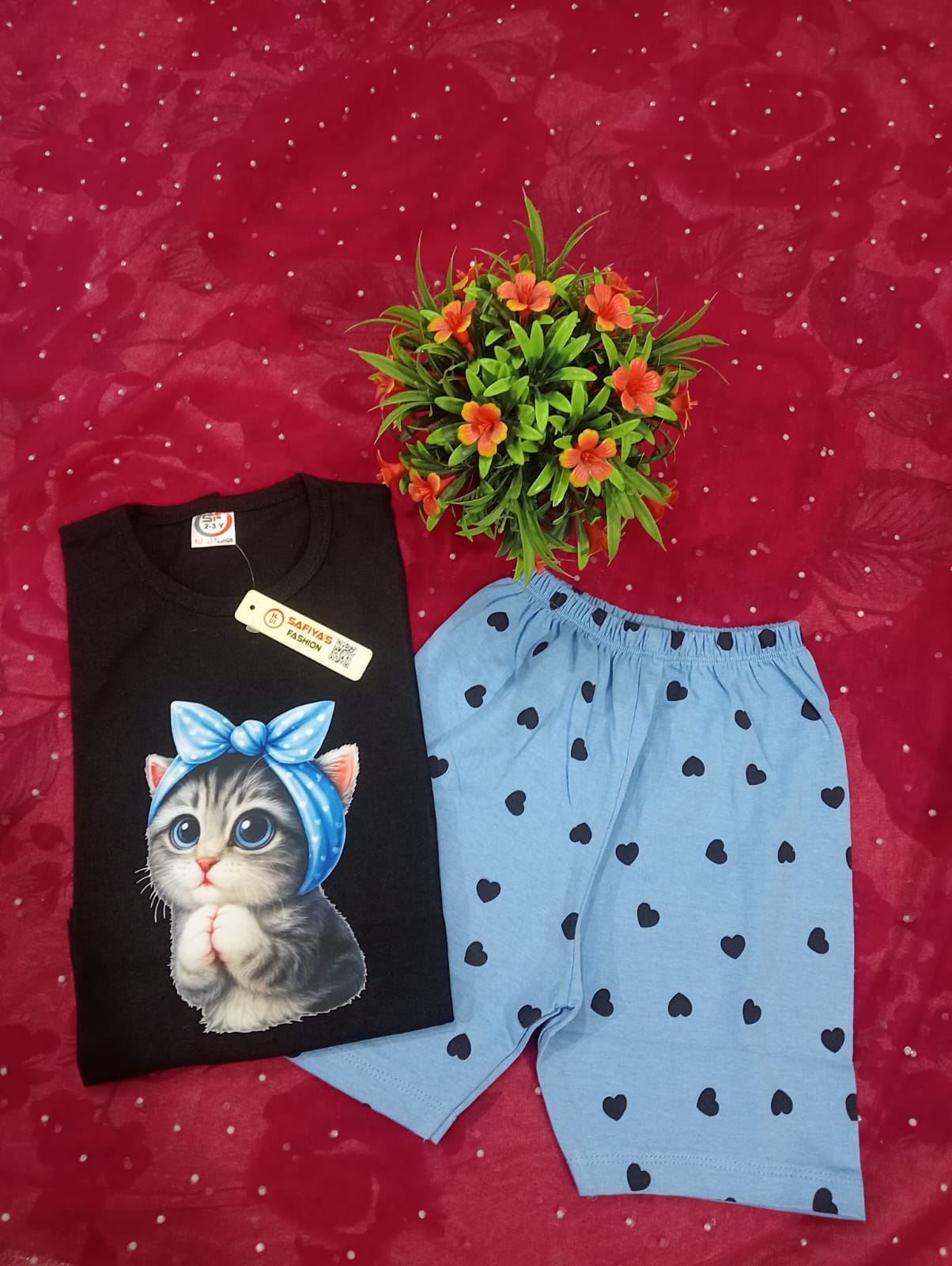 Cute Kitty Printed Girls Nightwear Set